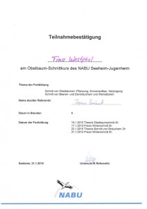 Teilnahmebestätigung Schnittkurs NABU-Seeheim Tino Westphal
